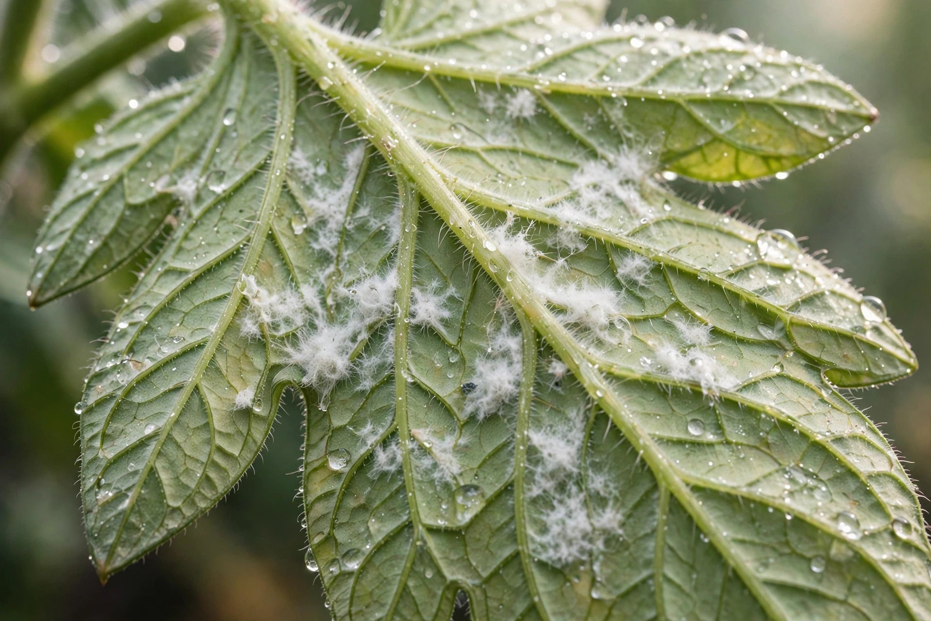 Photorealistic close-up of tomato leaf underside showing white fuzzy sporulation of late blight in humid conditions, soft morning light, no text in image