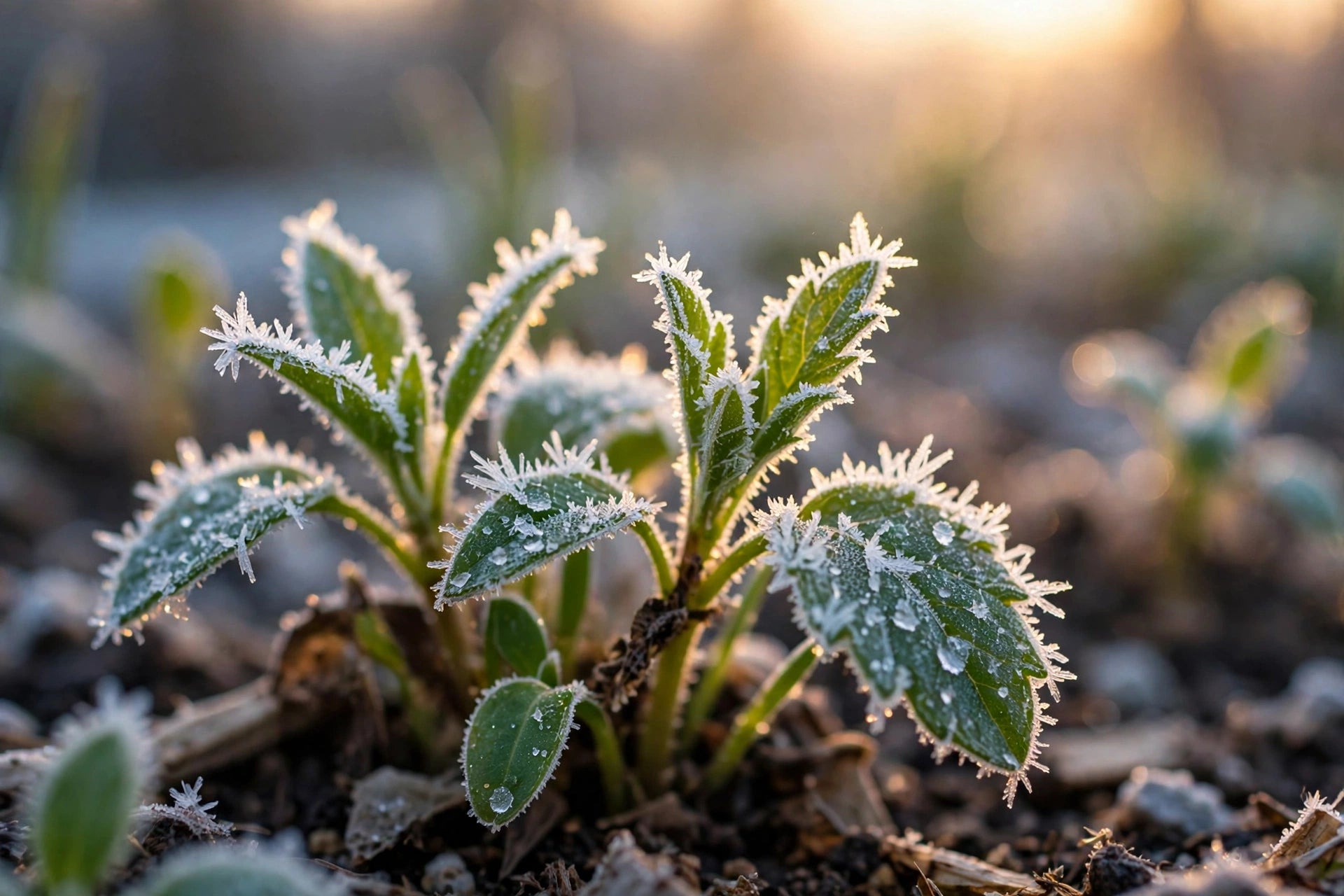 Close-up of frost crystals on green seedling leaves in a garden bed at sunrise, shallow depth of field, no text in image