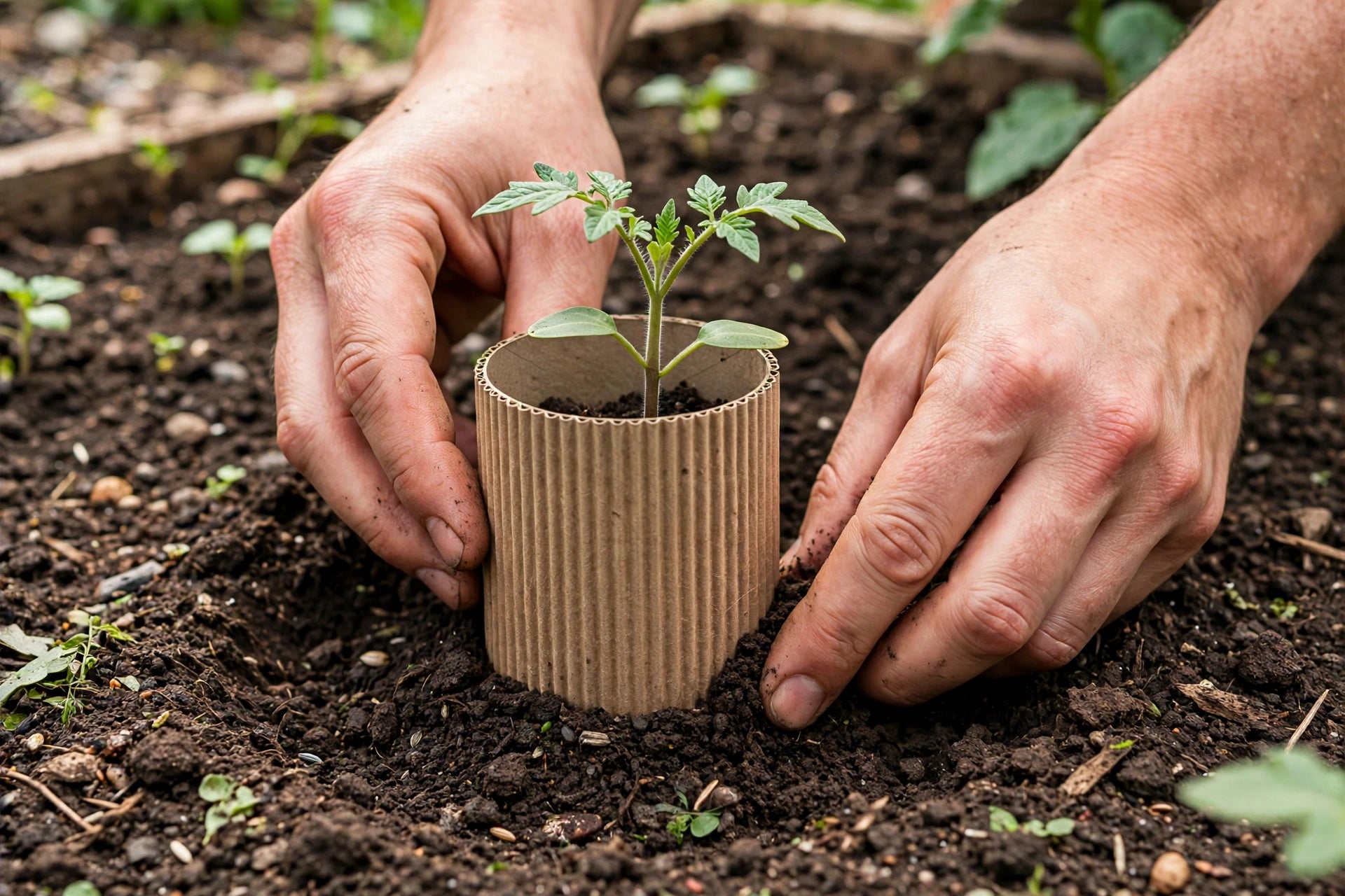 hands placing a cardboard tube collar around a young vegetable seedling in a garden bed, soil being pressed around its base
