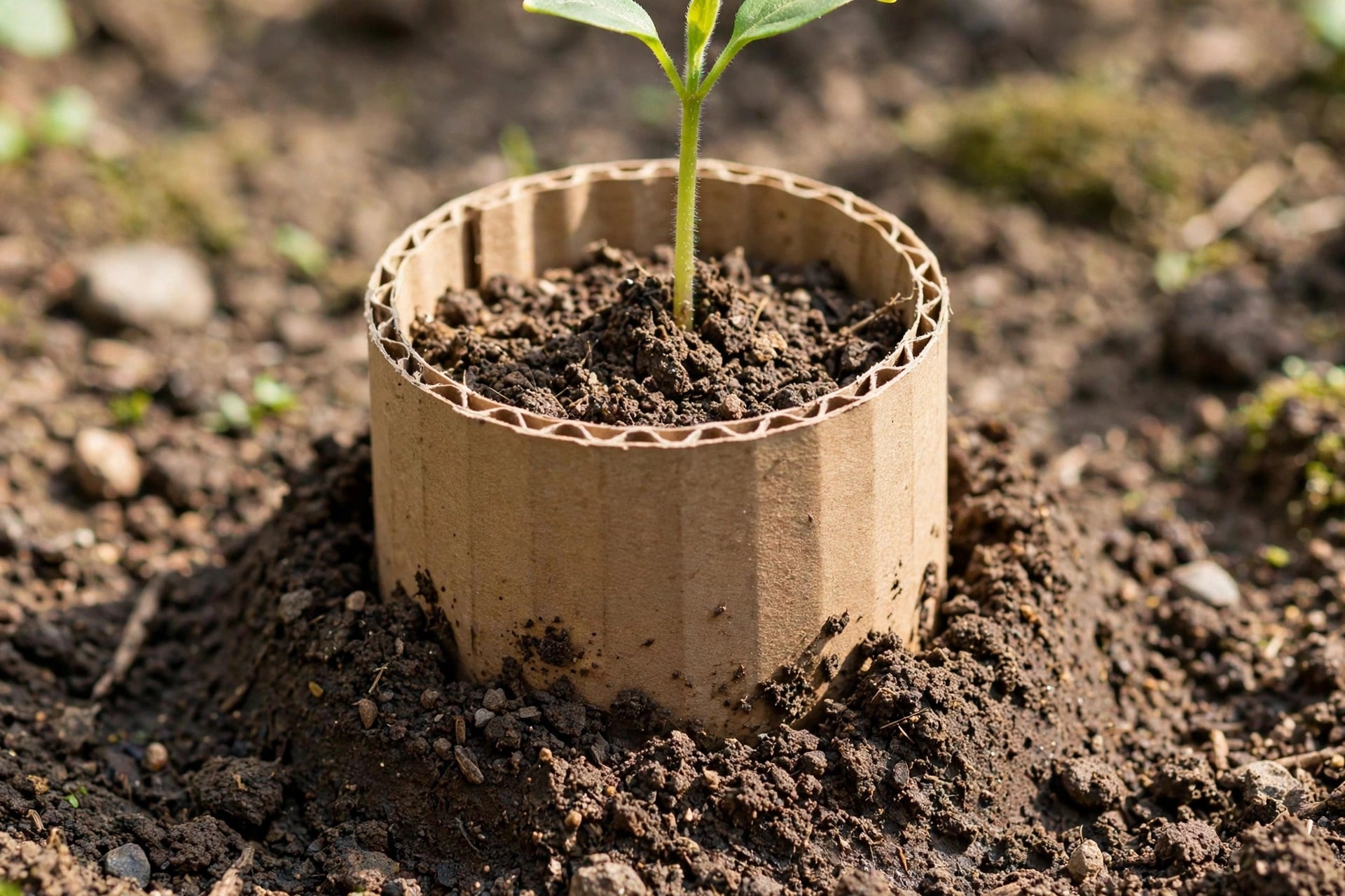 close-up of a properly installed cardboard collar around a seedling stem, one inch buried with soil firmed around the base