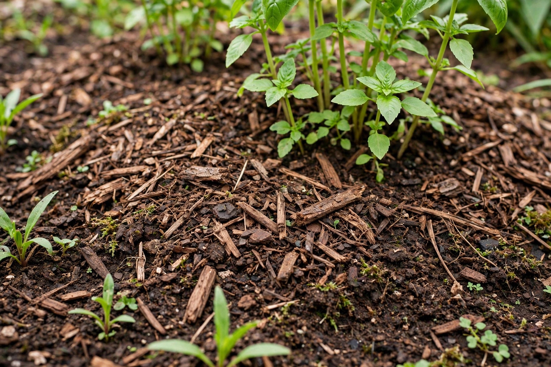 Close-up of mulch spread around the base of garden plants