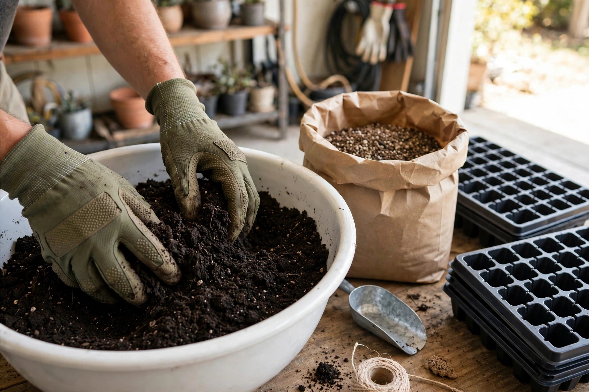 Photorealistic seedling tray filled with dark sterilized mix, each cell sown and labeled with small wooden markers, a spray bottle beside the tray on a bright shelf, no text in image