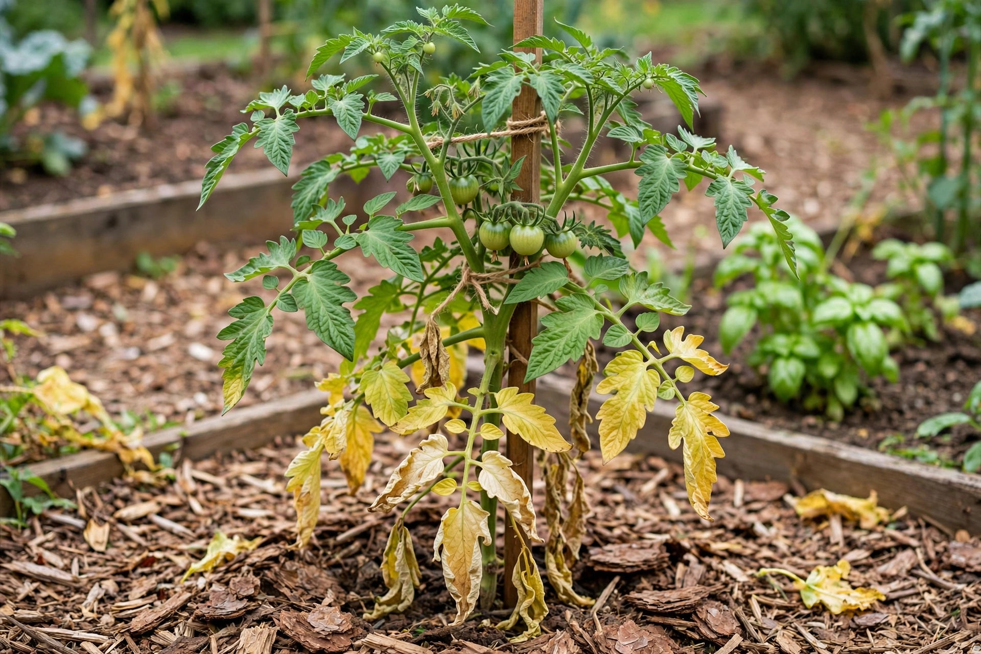 Photorealistic view of a tomato plant with yellowing lower leaves and healthy green upper growth, staked plant in a mulched vegetable garden bed, no text in image