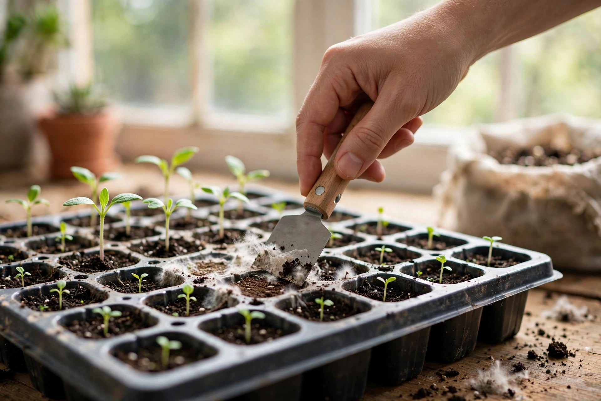 Photorealistic close-up of fingers gently loosening the top layer of seed starting mix to break up surface mold in a tray, other trays blurred in background, no text in image