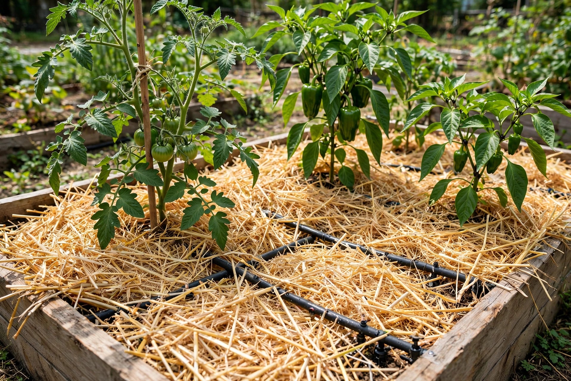 Photorealistic vegetable garden bed with a thick straw mulch layer around tomato and pepper plants, drip irrigation line visible under the straw, sunny day, no text in image