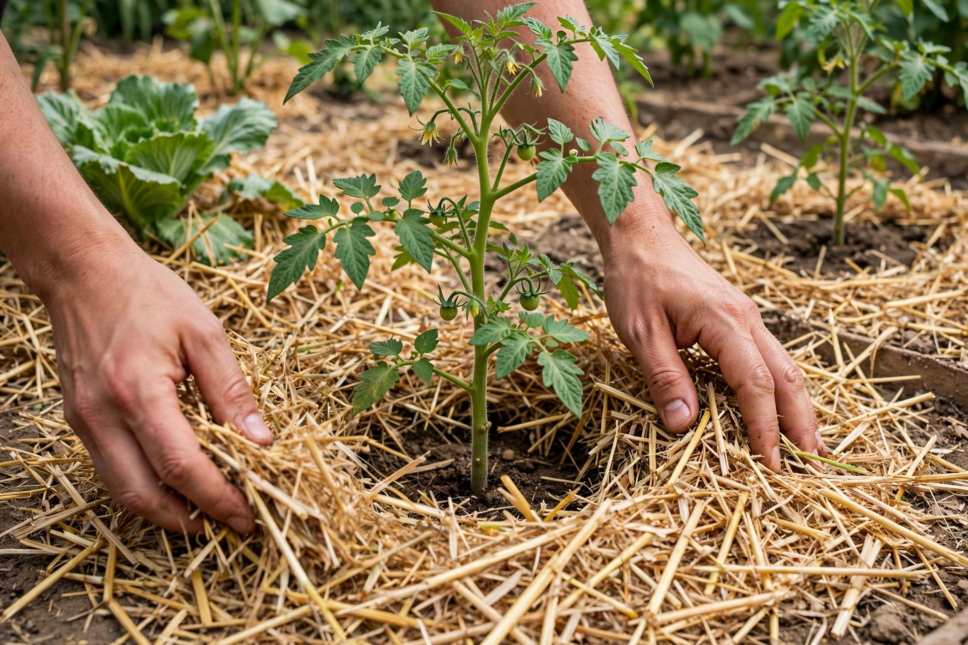Photorealistic hands spreading straw mulch around the base of a tomato plant, showing the gap kept around the stem, garden bed with other mulched plants, no text in image