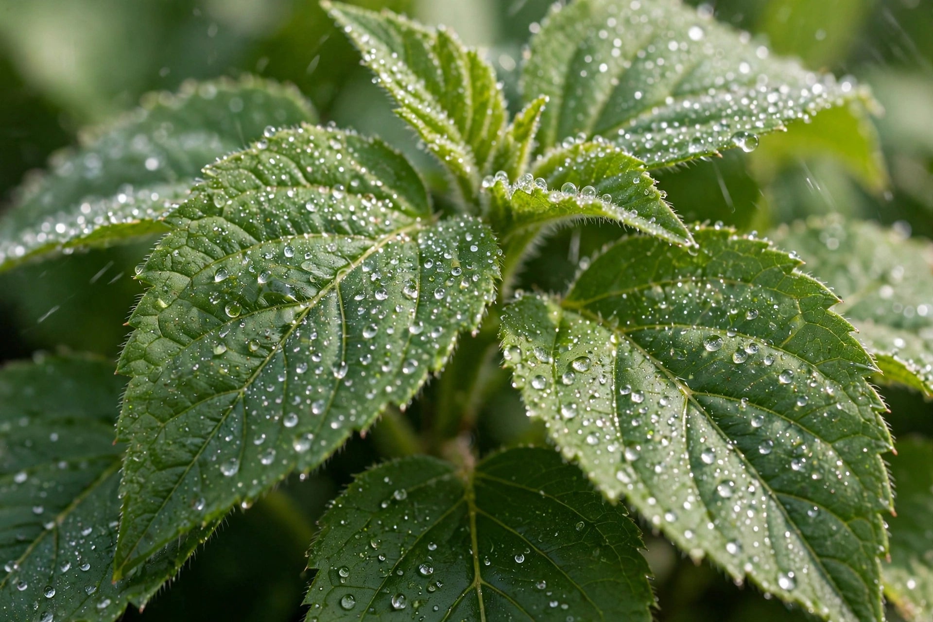Close-up of green leaves with fine water droplets after spraying, in natural light