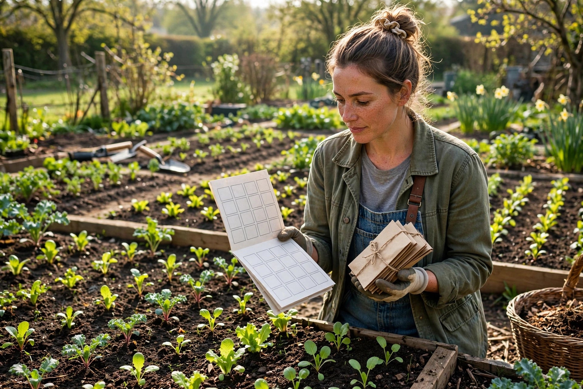 Photorealistic spring vegetable garden with rows of young seedlings, a gardener holding seed packets and a planting calendar, bright morning light, no text in image