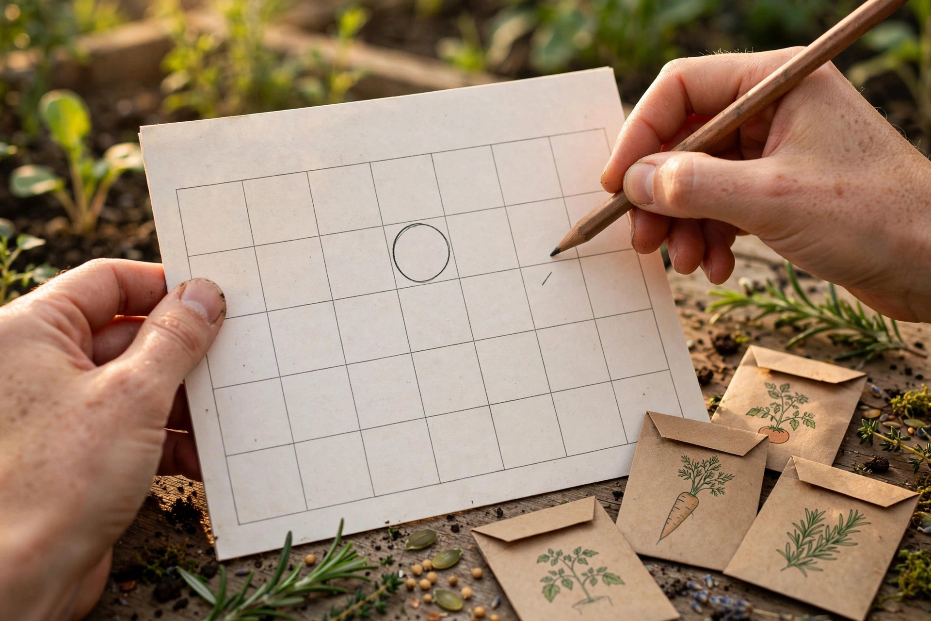 Close-up of hands marking planting dates on a paper garden calendar with seed packets nearby, warm natural light, no text in image