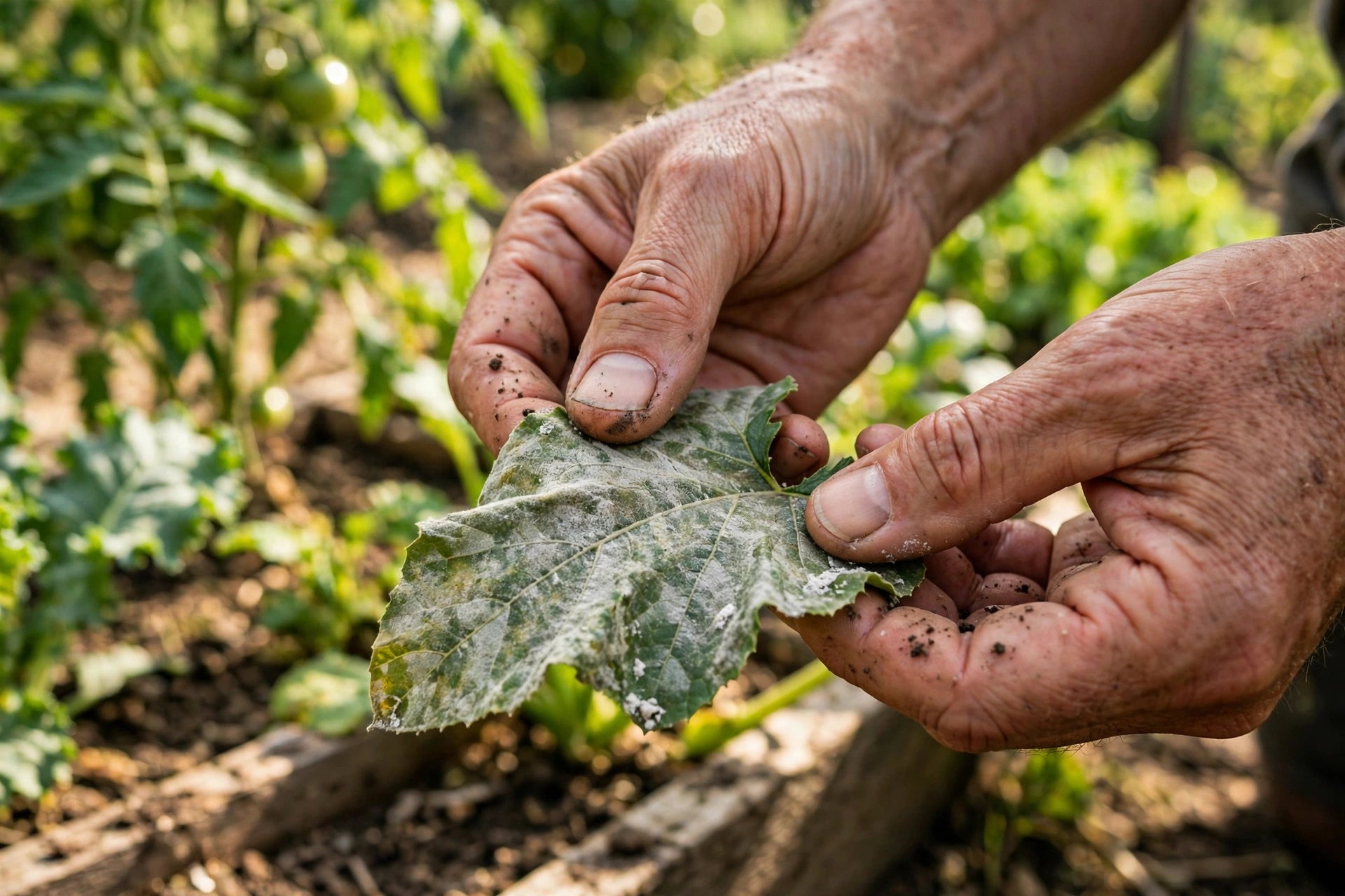 Gardener's hands gently holding and inspecting a mildew-dusted leaf in a sunny vegetable garden