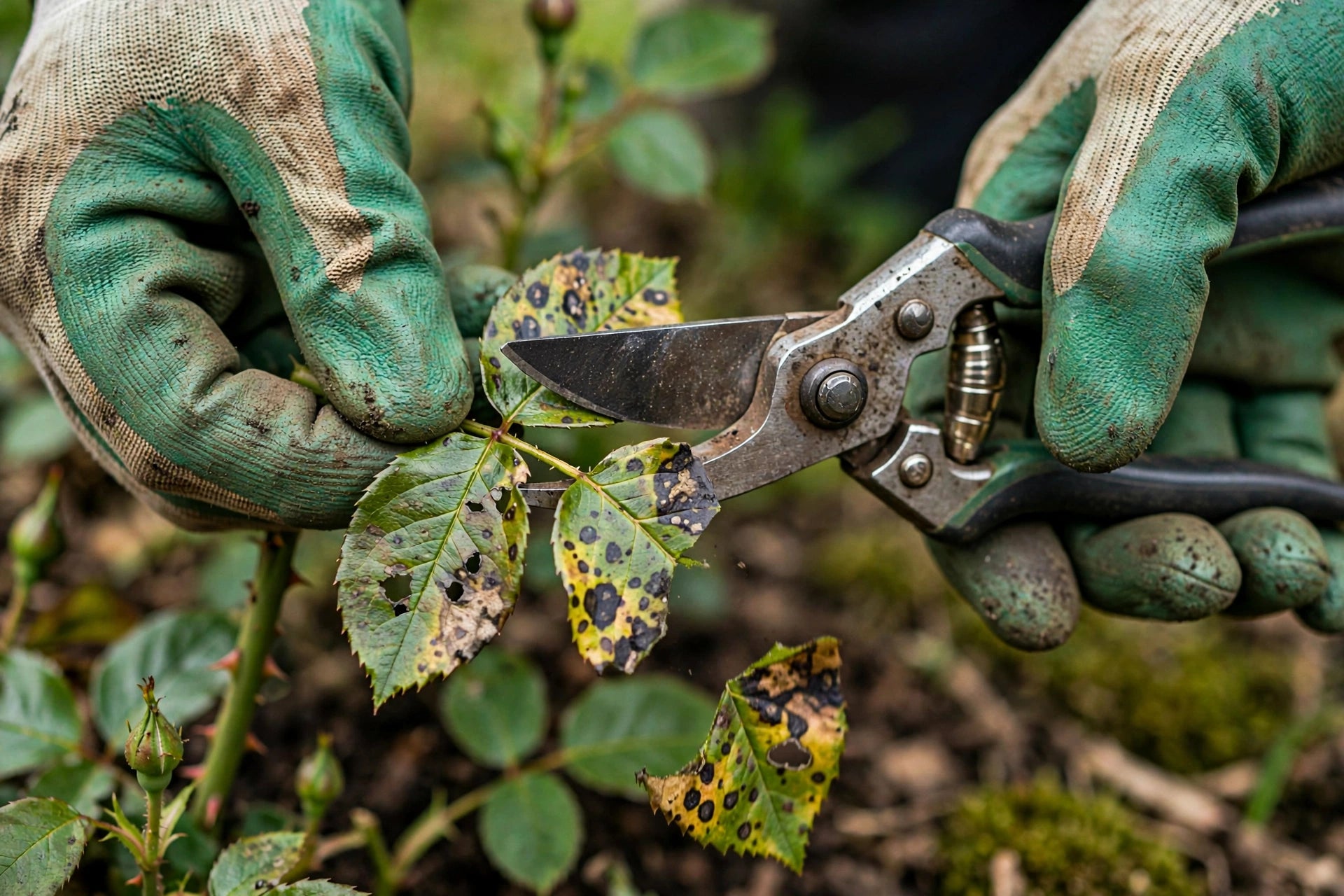 Pruning shears cutting an affected rose leaf, gardener wearing gloves