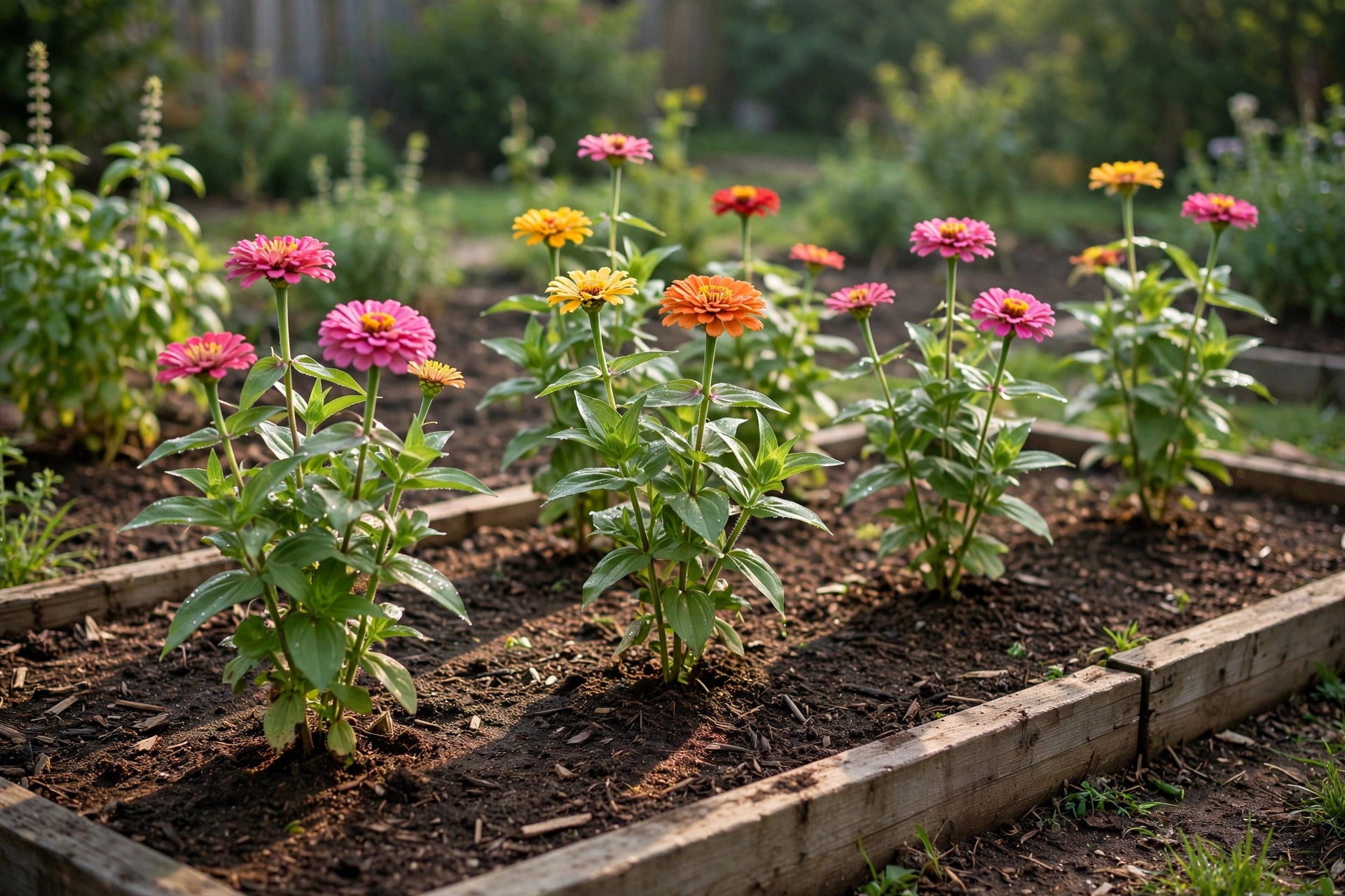 Well-spaced zinnia plants in a garden bed with good air circulation, morning light, photorealistic, no text