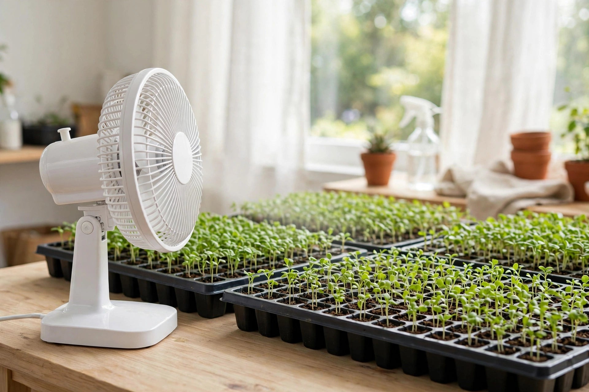 Photorealistic image of a small oscillating fan blowing gently over a tray of young seedlings on a windowsill, leaves slightly moving, bright daylight, no text in image