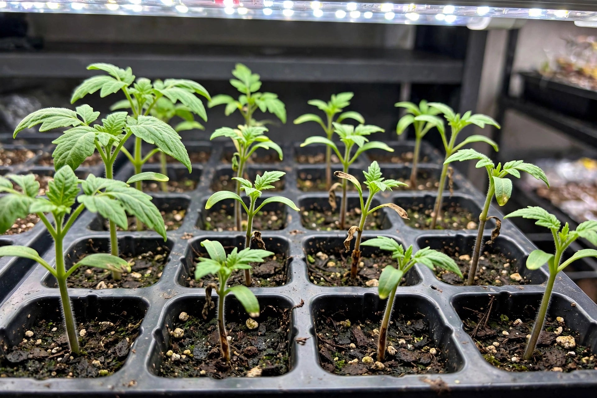 Photorealistic side-by-side comparison of a healthy green seedling stem and a brown pinched stem at the soil line in a seedling tray, neutral background, no text in image