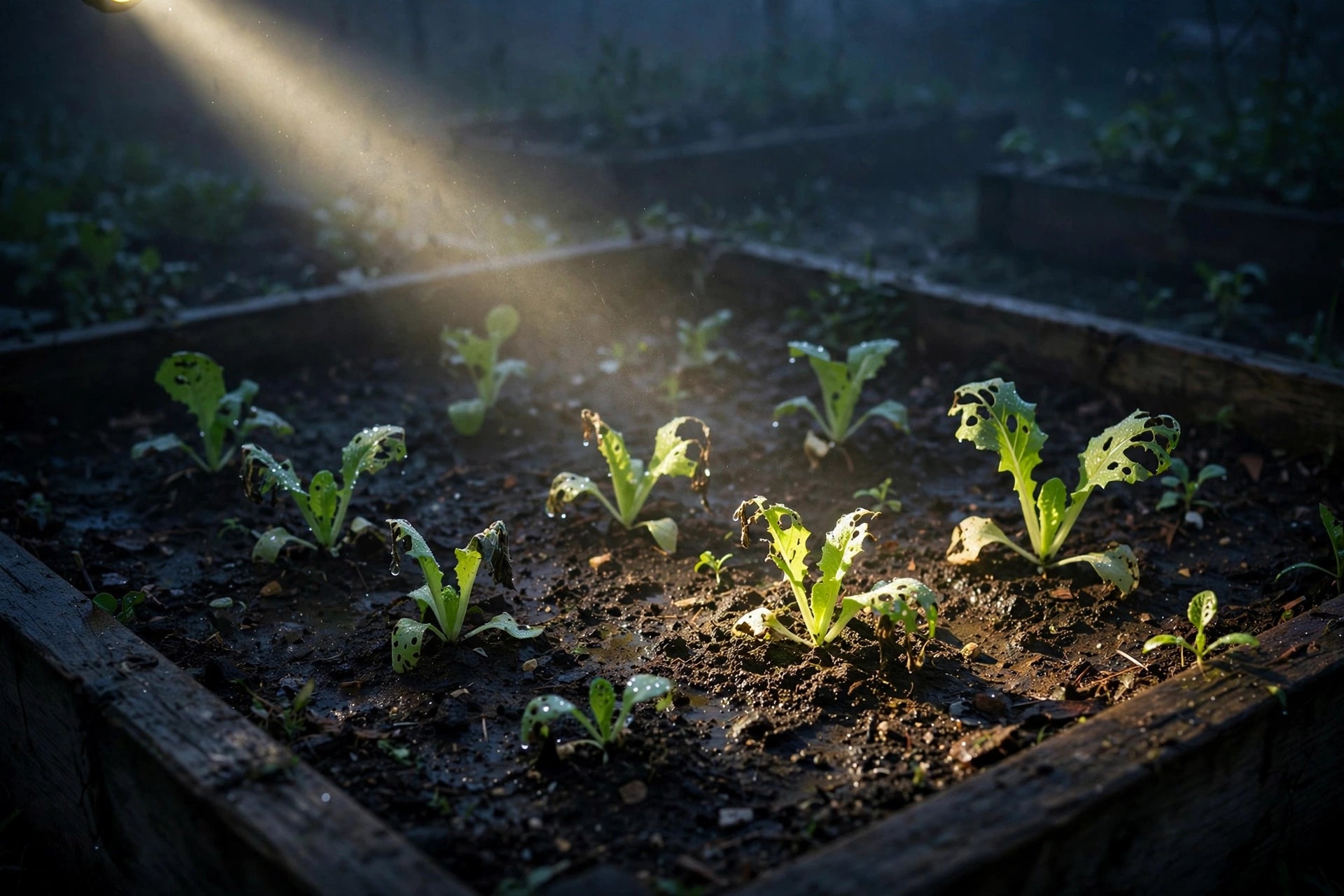vegetable garden bed at dawn with chewed seedlings, a flashlight beam crossing the frame