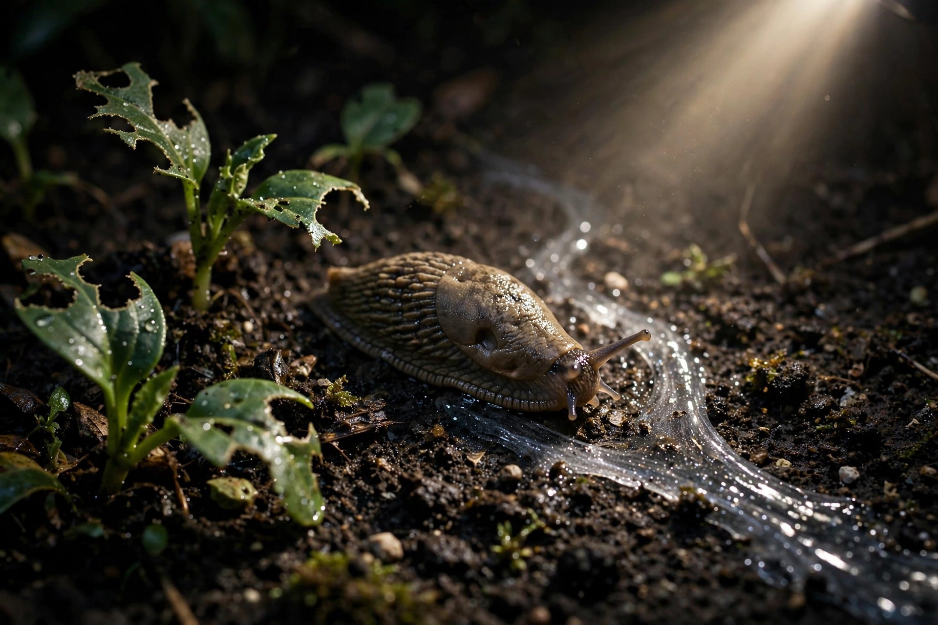night close-up of a slug near chewed seedling leaves with a silvery slime trail visible under flashlight beam