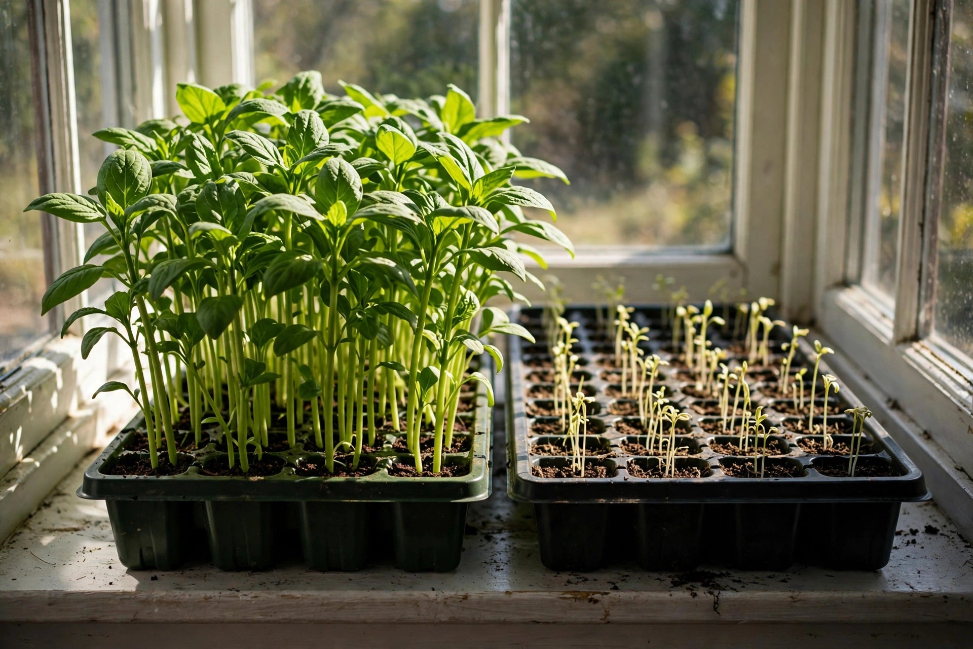 Photorealistic overhead view of a healthy seedling tray under a grow light, stocky green seedlings with first true leaves, a small clip-on fan visible at the edge, water droplets on a few leaves, no text in image