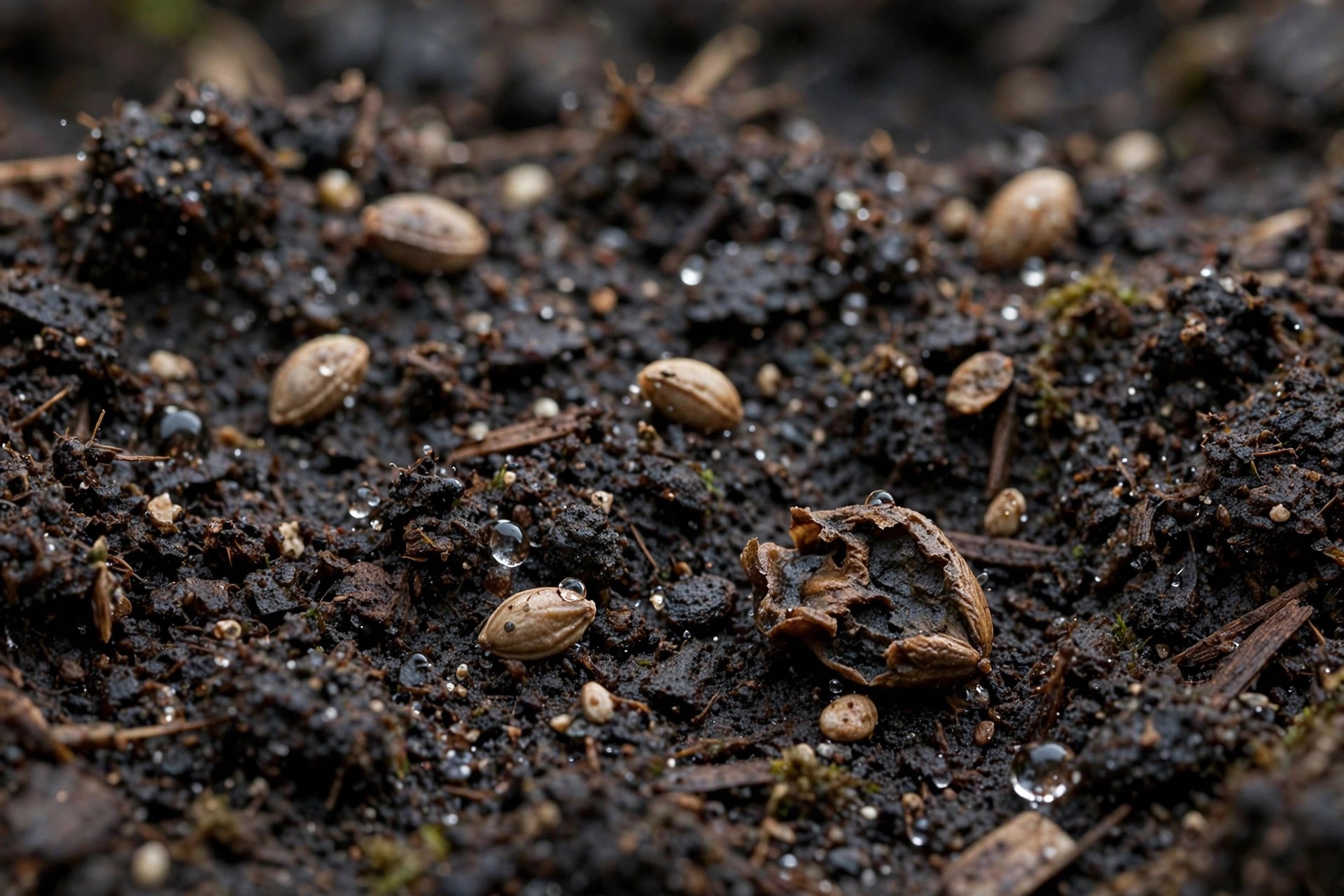 Photorealistic close-up of a seedling tray cross-section showing a seed that has swollen and split but turned brown and mushy in damp dark soil, a few healthy sprouts nearby, soft natural light, no text in image