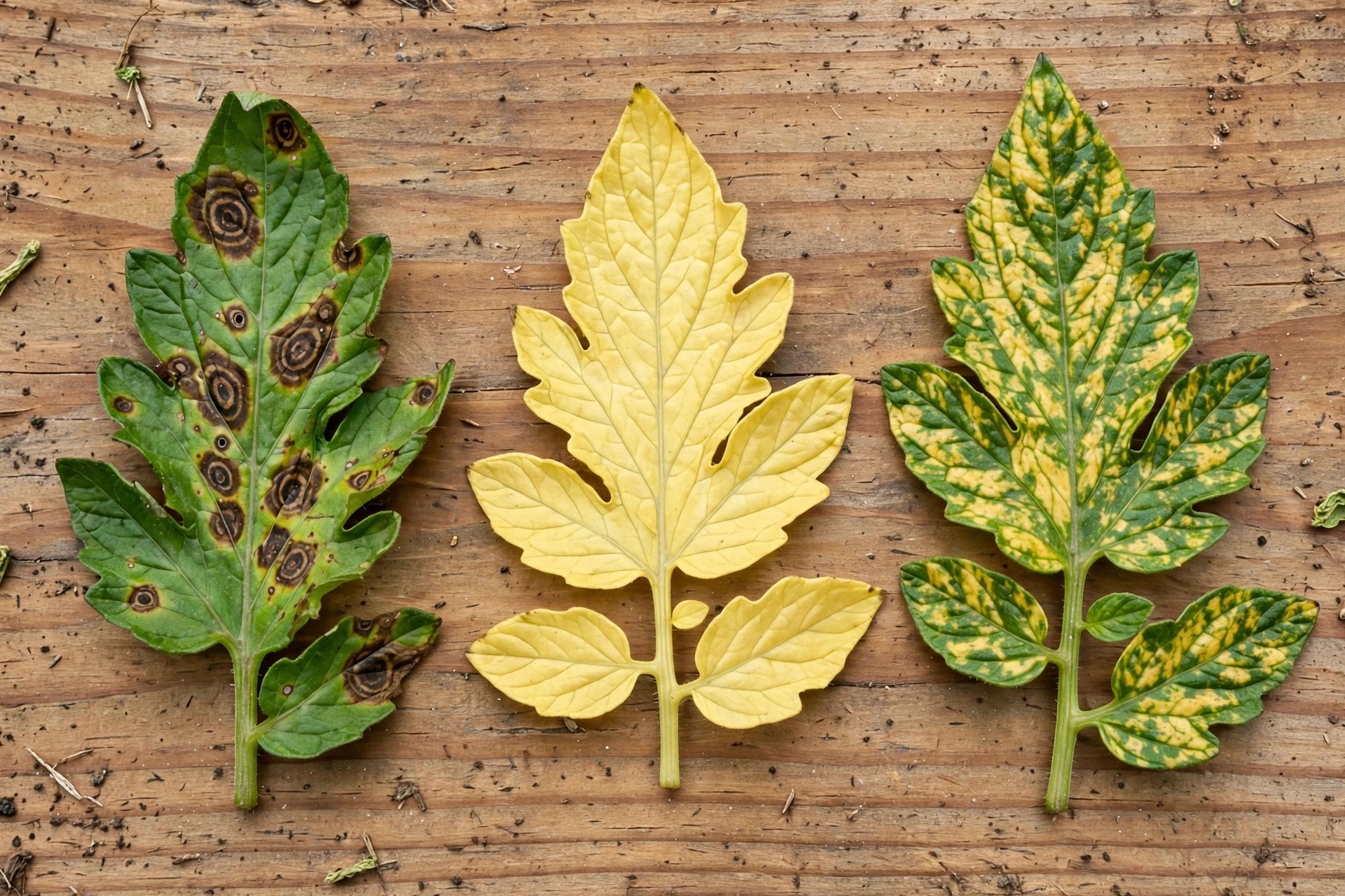 Photorealistic diagnostic-style photo of three tomato leaves side by side: one with early blight rings, one uniformly pale yellow, one with mosaic mottling, on a wooden garden table, no text in image