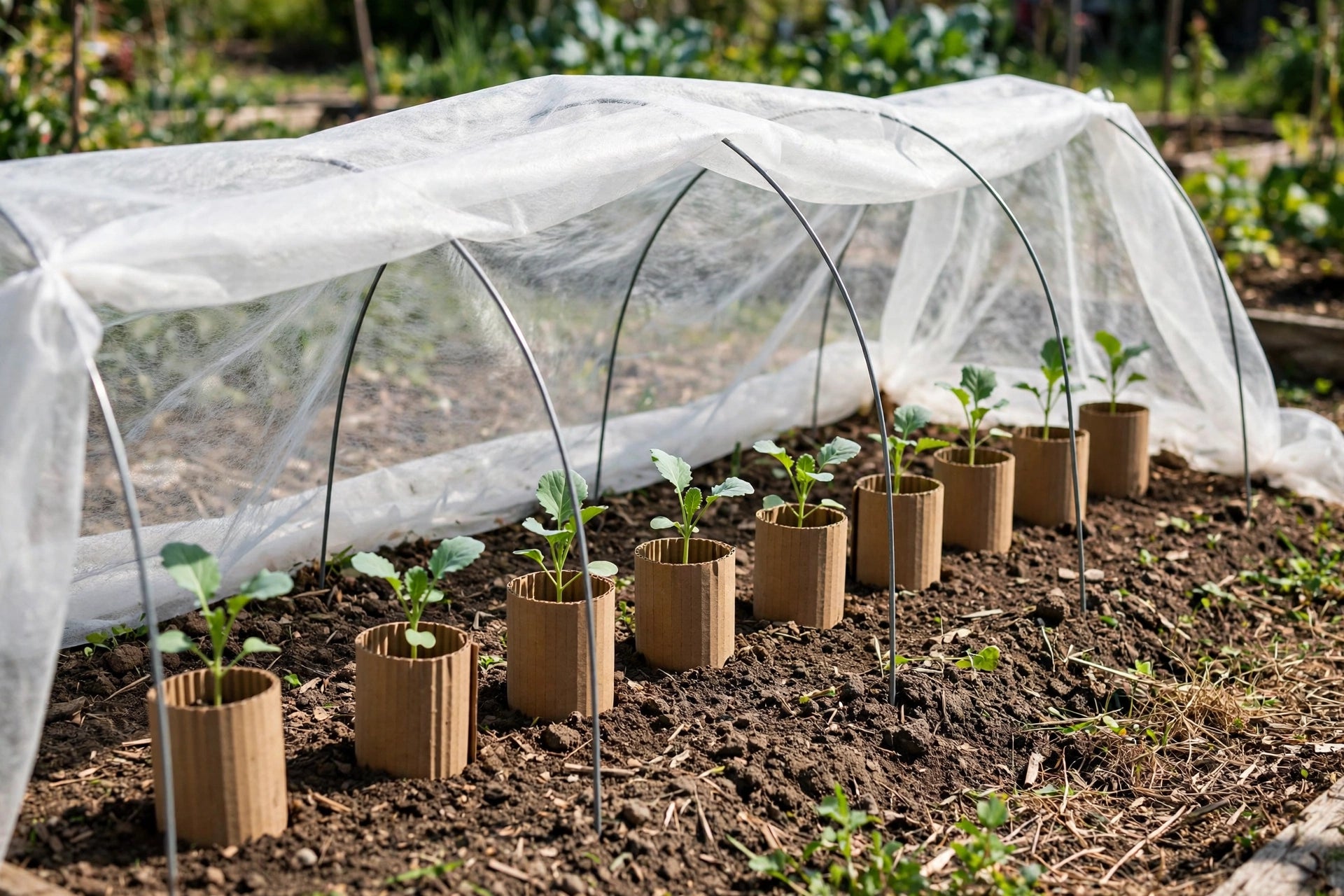 row of young vegetable seedlings each protected with a cardboard collar, row cover hoops arched over the bed