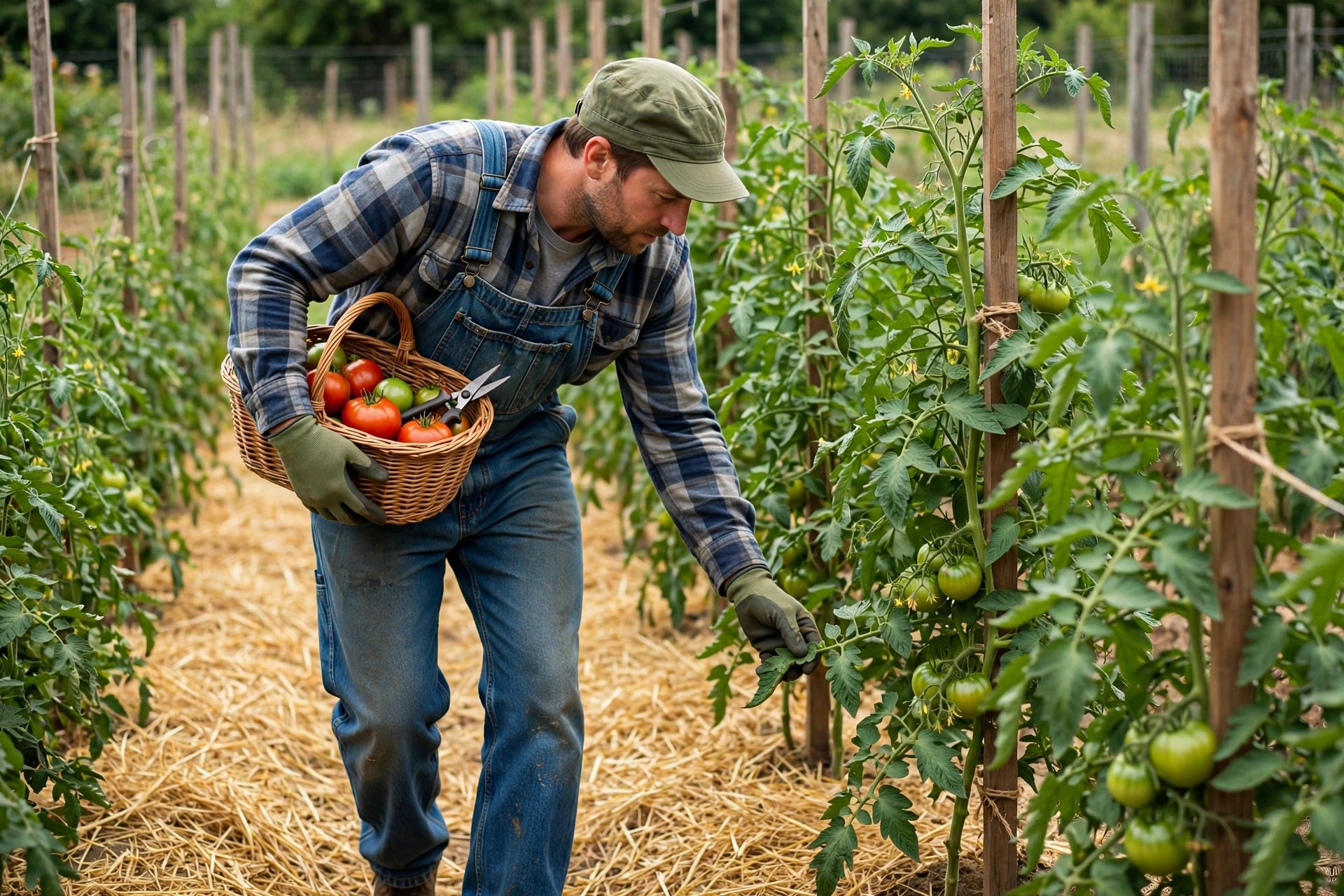 Photorealistic weekly garden scouting scene: gardener walking a tomato row with a basket, inspecting lower leaves, staked healthy tomato plants with straw mulch, no text in image