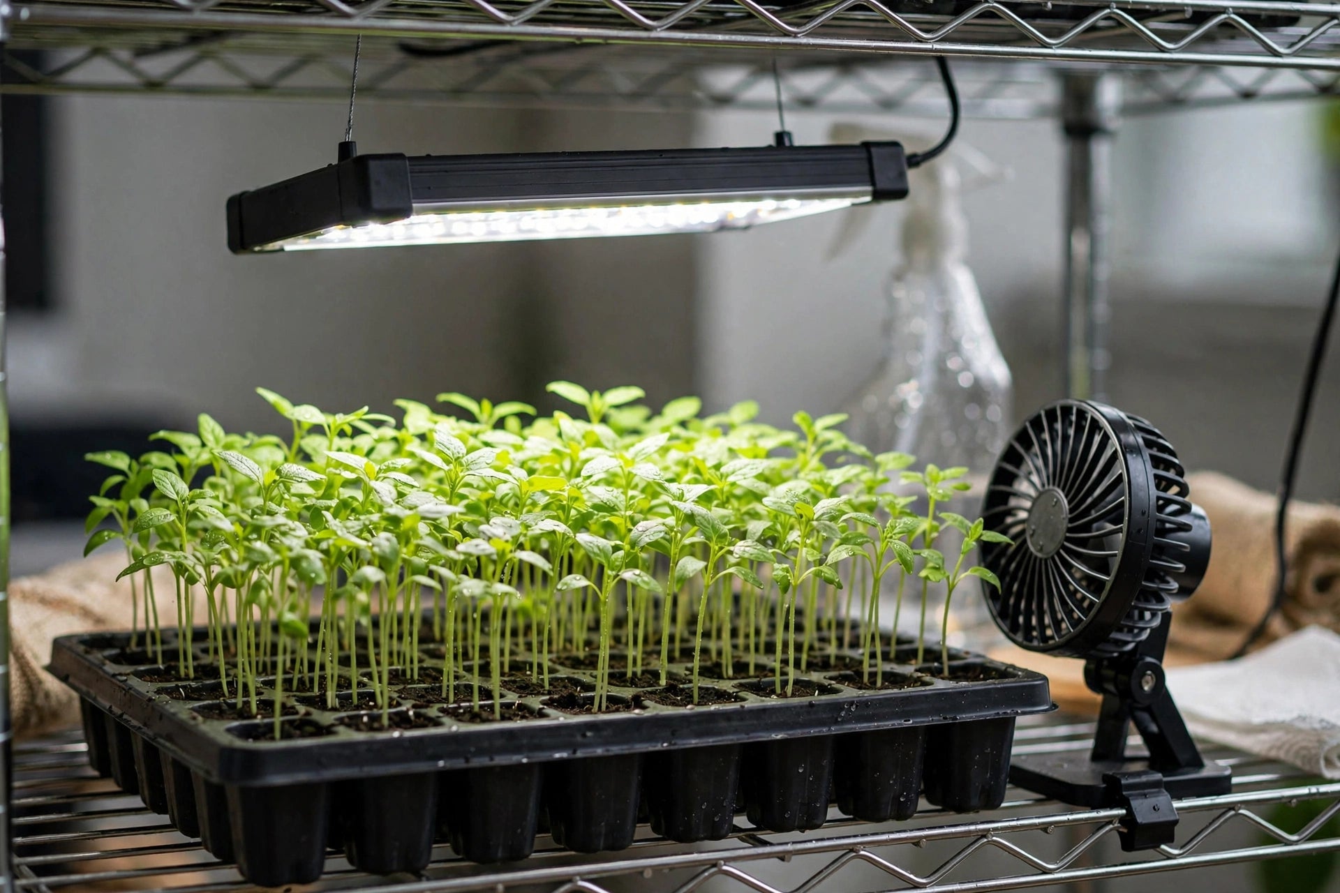 Photorealistic fresh seedling tray newly sown with clean dark mix, a small clip-on fan and a grow light above, a handwritten-style plant label (no readable text), bright organized indoor growing station, no text in image