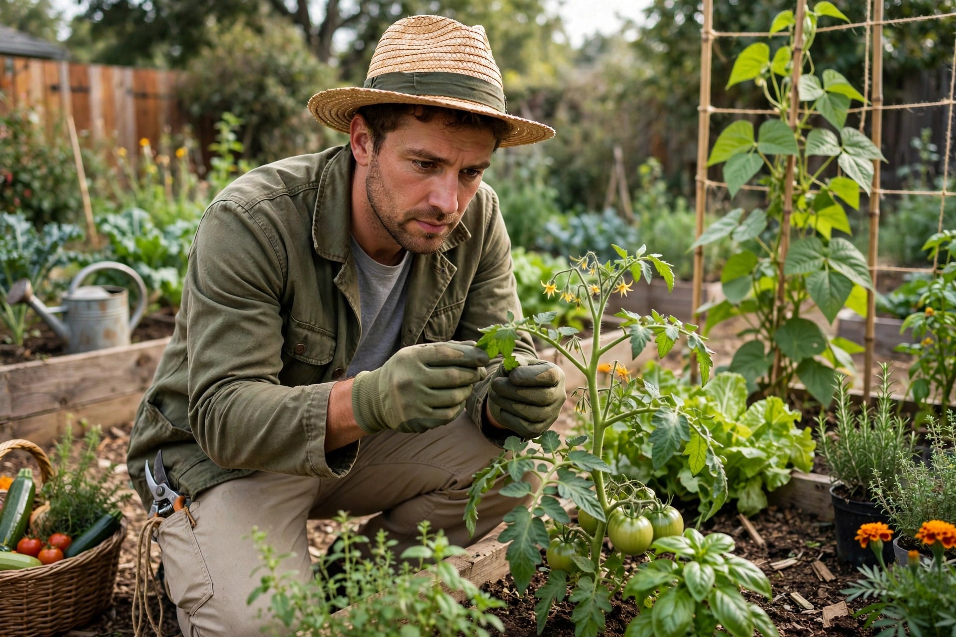 Gardener carefully inspecting plants in a home vegetable garden