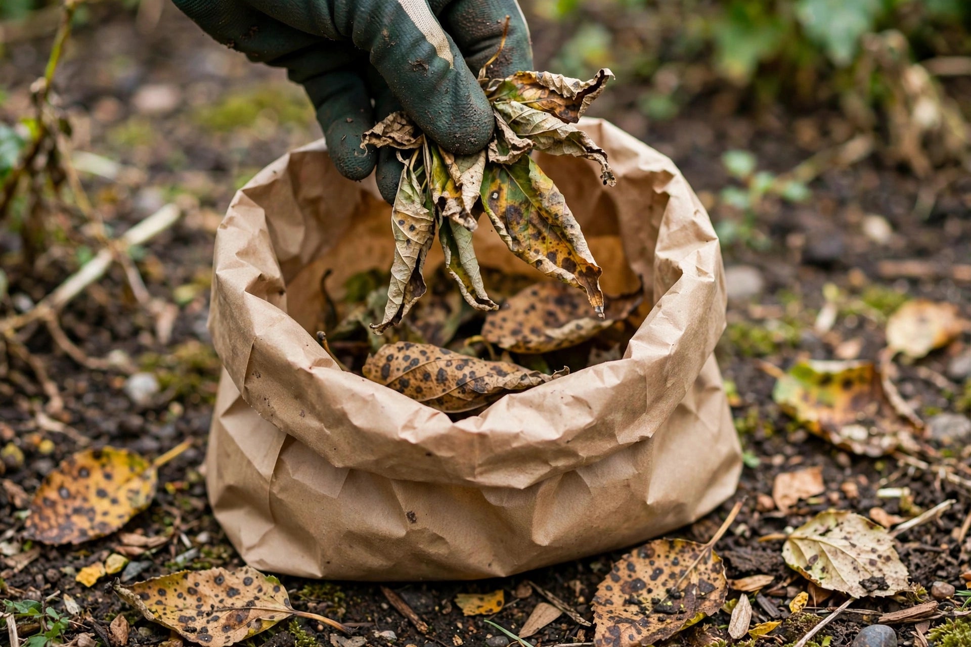 Affected plant leaves being placed into a paper bag for disposal
