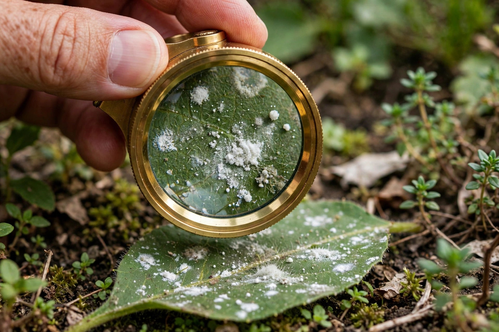 Hand lens magnifier held over a leaf with white powdery spots, garden setting, photorealistic, no text