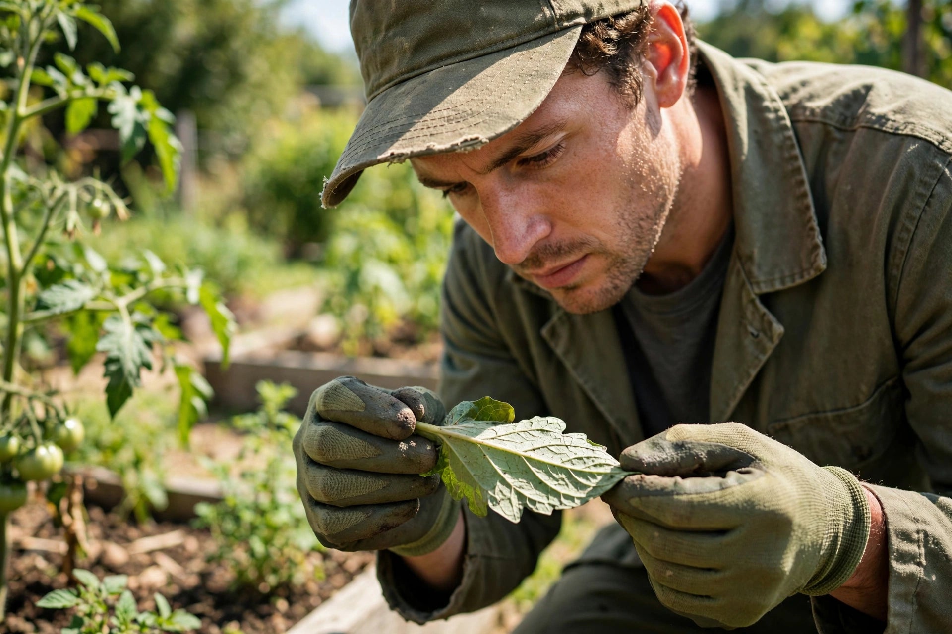 Gardener examining the underside of a leaf in bright daylight, checking for disease, photorealistic, no text