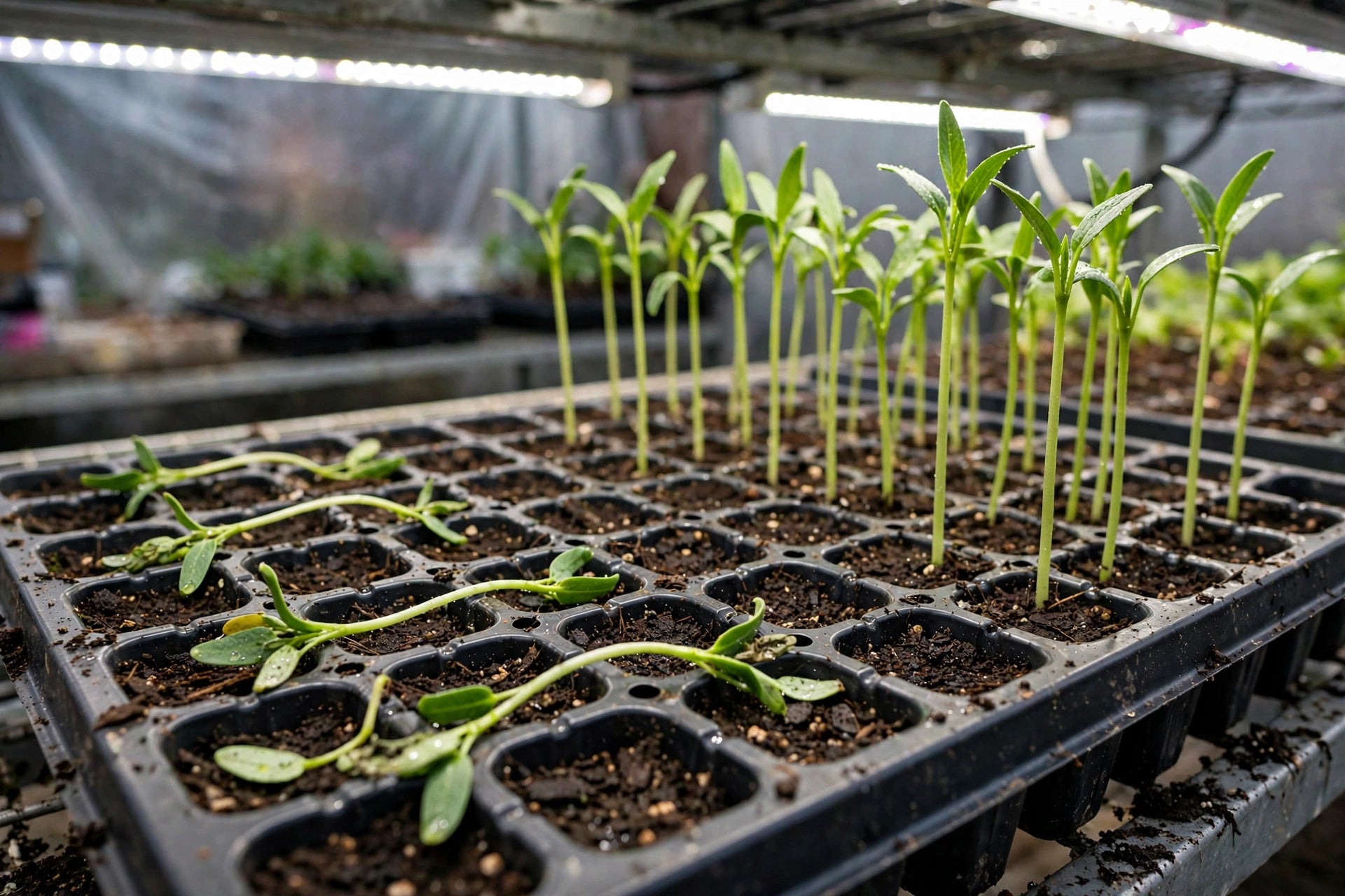 seed starting tray with several young seedlings fallen flat over on the soil surface under greenhouse light