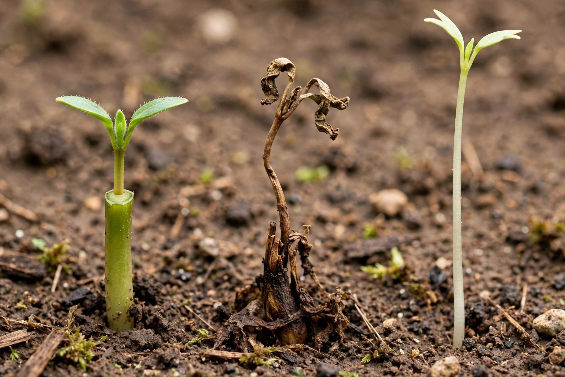 close-up comparison of three seedling stems side by side: one cleanly cut, one pinched brown and rotted, one tall pale and leggy